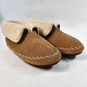 Isotoner Womens Tan Suede‎ Moccasin Boot Slippers Fleece Lined Fold Cuff